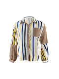 Kukombo Women Long Sleeve Button Shirt Striped Patchwork Chic Shirt Blouse