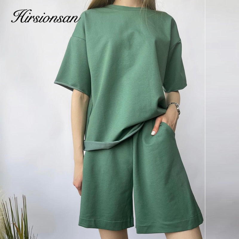Christmas Gift Hirsionsan Soft Cotton Sets Women 2021 New Casual Two Pieces Short Sleeve T Shirts and High Waist Shorts Solid Outfits Tracksuit