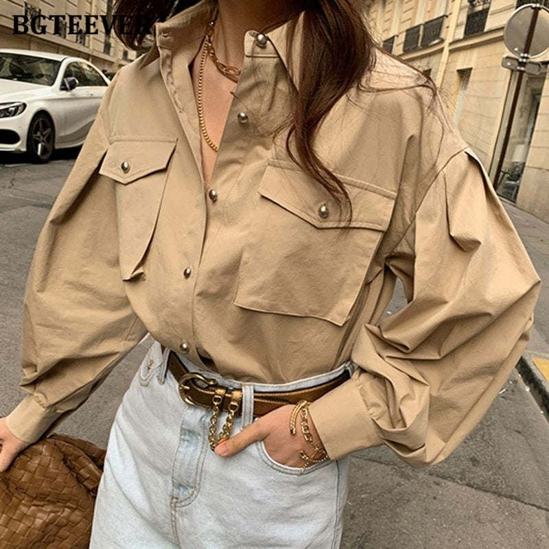 Christmas Gift BGTEEVER Chic Elegant Loose Single-breasted Shirts for Women 2021 Autumn New Fashion Full Sleeve Pockets Female Blouse Tops