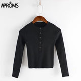 Christmas Gift Aproms Strentch Knitted Short Pullovers Sweater Winter Long Sleeve Slim Crop Top Streetwear Buttons Warm Knitwear Jumper 2021