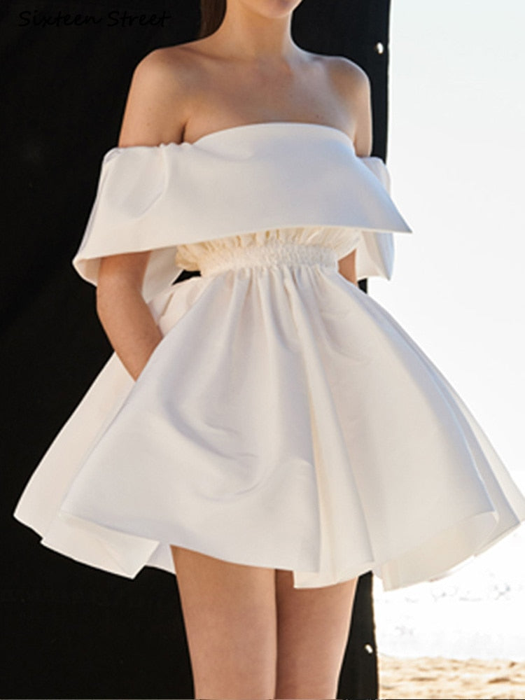 Kukombo Slash Neck Elegant Party Dress For Women Ruffles High Waisted Mini Bodycon Dress Female Short Sleeve Runway White Clothing