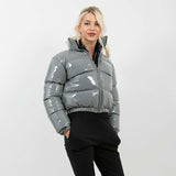 Kukombo Women Winter Coat PU Short Orange Puffer Jacket Bubble Fashion Glossy Shiny Cotton Padded Standard Collar Warm Outwear