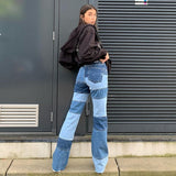 Kukombo Patchwork Straight Women's jeans Baggy Vintage High Waist Boyfriends Mom Denim Distressed Streetwear 2023 Female