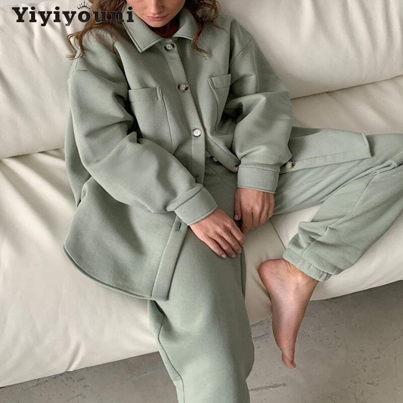 Christmas Gift Yiyiyouni Single Breasted Flocking Winter Jacket and Pants Two Piece Sets Women Oversize Warm Coats Female Fleece Pants 2021