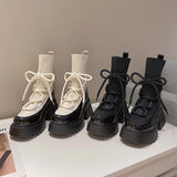 Kukombo Women's New Autumn Platform White Black Martin Boots Short Sock British Style All-match Thick Heel Rubber Chunky Heels