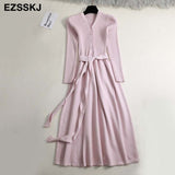 Christmas Gift 2021autumn winter v-neck maxi sweater dress women OL female long sweater dress with belt elegant a-line solid slim dress