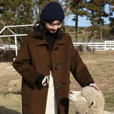 Christmas Gift Woman Long Coat Horn Button Solid Color Woolen Warm Winter Korean Commuter Style Long Coat Fashion Retro Thick Women Windbreaker