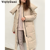 Christmas Gift Yiyiyouni Oversize Thick Long Parkas Women 2021 Winter Warm Button Pockets Cotton Coat Female Wide-Waisted Straight Outerwear
