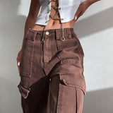 Kukombo Loose Oversize Brown Jeans Women 2022 Casual High Waisted Cargo Pants With Pockets Vintage Cotton Trousers Streetwear