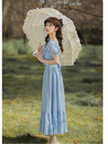 Kukombo Blue Gentle Romantic Fairy Dress Women Ruffled Square Collar Elegant High Waist Beaded Bow Sweet Cute Long Dress Summer 2022 New