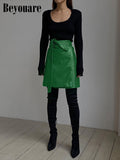 Kukombo Faux Leather Crocodile Pattern A-Line Skirt Women Fashion Elegant Solid Green High Waist Split Mini Skirts 2022 Autumn