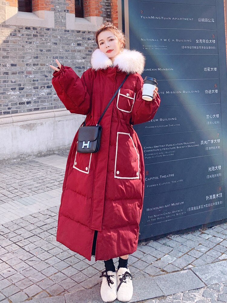Christmas Gift New European and American winter middle and long style high-end fashion red loose knee casual wool collar hat coat women