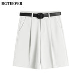 Christmas Gift BGTEEVER Fashion High Waist Women Shorts Casual Half- length Sashes Belted Women Loose Shorts Pockets 2021 Spring Summer
