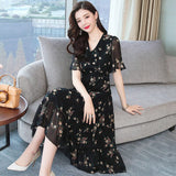 Kukombo 2022 Summer Chiffon Dress Women Vintage Floral Midi Korean Dress Female Elegant Black Dress Dresses Femmes M-