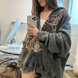 Kukombo Punk Vintage Oversized Hoodie E-girl Gothic Grunge Skull Print Zip-up Long Sleeve Sweatshirt Coat Jacket Women Harajuku Clothes-1118