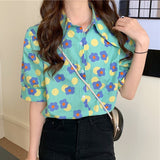 Christmas Gift Shirts Women Print Turn-down Collar Puff Sleeve Summer Fashion Loose Leisure Single Breasted Ladies Tops All-match Chic Popular
