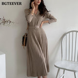 Kukombo Elegant V-neck Single-breasted Women Thicken Sweater Dress 2022 Autumn Winter Knitted Belted Female A-line soft dresses
