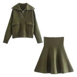 Kukombo Pockets Knitted Army Green Sweater Pull Femme Turn Downcollar Casual Autumn Winter Sweater Skirt Sets Matching Outfit