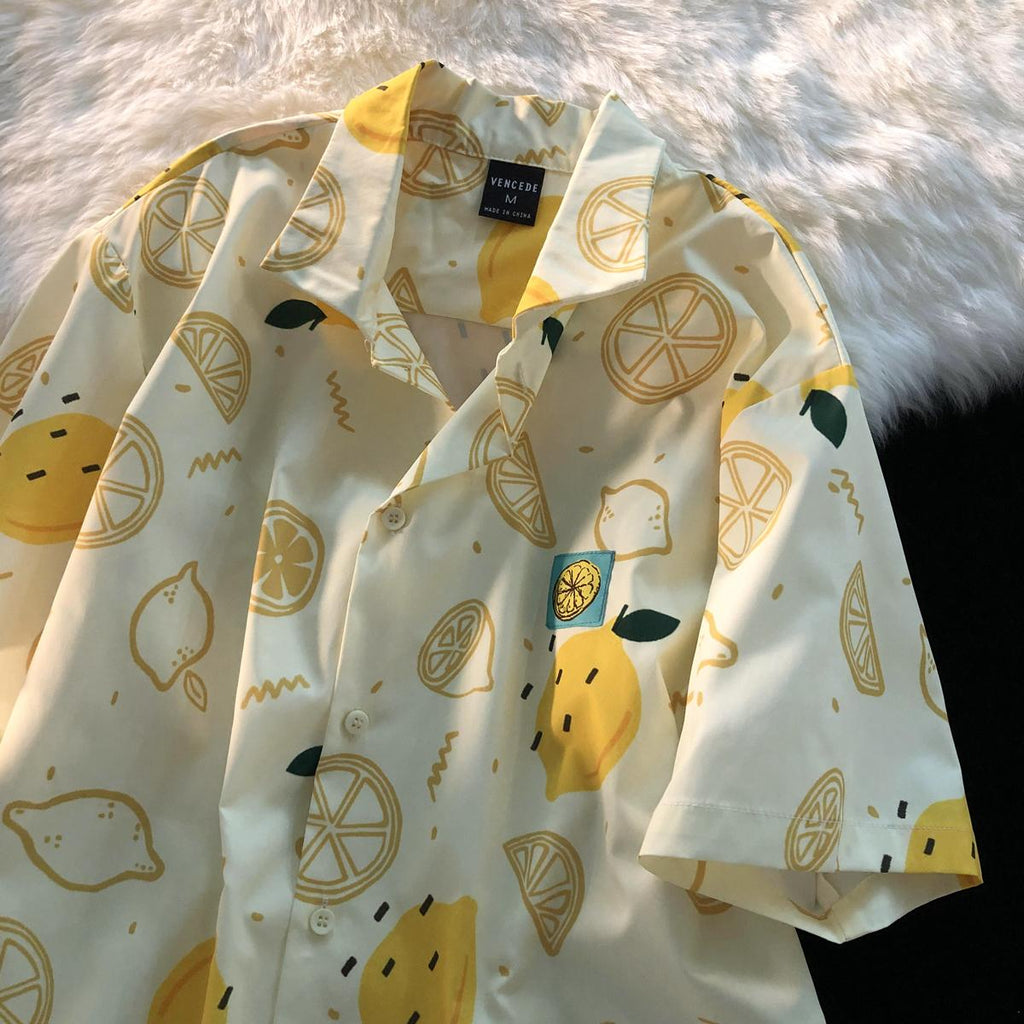 Kukombo Christmas Gift Summer New Womens Mens Korean Version Printed Lemon Short-sleeve Shirt Female Fresh Retro Students Loose Shirt Tops Yellow