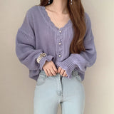 Kukombo Women Sweater V-Neck Pink Cardigan Puff Sleeve Hollow Out Knitted Solid Clothes Fall Fashion New Korean Style Top