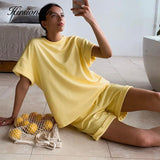 Christmas Gift Hirsionsan Summer Cotton Sets Women Casual Two Pieces Short Sleeve T Shirts and High Waist Short Pants Solid Outfits Tracksuit