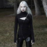 Kukombo Halloween Medieval Cosplay Women Turtleneck Black Tops Gothic Punk Zipper Sexy Hollow Out Long Sleeve T-Shirt Carnival Party Goth Costumes
