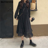 Christmas Gift BGTEEVER Elegant Polka Dots Print Women Chiffon Dress Vintage Loose Long Dress Lace-up Female A-line Vestidos femme  Spring