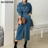 Christmas Gift BGTEEVER Fashion Chic Lapel Women Denim Dress Full Sleeve Single-breasted Pockets Slim Waist Mid-length Female Jeans Dress 2021