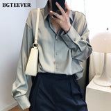 Christmas Gift BBTEEVER 2021 New Chic Women Satin Shirts Long Sleeve Solid Turn Down Collar Elegant Office Ladies Workwear Blouses Female