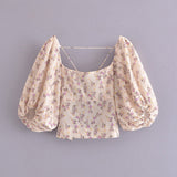 Kukombo Tops Women Square Collar Tops Puff Sleeve Bow Blouse Shirt Korean Fashion Sweet Honey Peach Print Crop Top Ladies Short Blouses