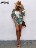 Christmas Gift Aproms Elegant Rainbow Colored Long Sleeve Knit Cardigan Women Autumn Hollow Out Oversized Sweater Female Fashion Outerwear 2021