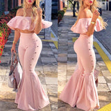 Kukombo Women Two Piece Outfits Off Shoulder Ruffle Crop Tops and Flare Pants 2 Piece Set Summer Club Party Festival Set