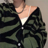 Kukombo Korean Fashion Oversized Zebra Print Cardigan Sweater Autumn Winter Casual Loose Female Knitted V-Neck Jumper Women Cardigan