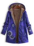 Christmas Gift Women Winter Coat Casual Floral Print Hooded Zipper Cotton Womens Coat Vintage Pocket Zipper Loose Plus Size Female Outwear