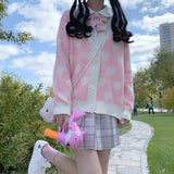 Kukombo Sweet Love Knitted Cardigan Women Kawaii Pink Cardigans Japanese Autumn Winter New V-Neck Sweater Jacket Woman