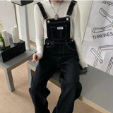 Kukombo Women's Denim Jumpsuits Black Straight Tube Relaxed Chic Straps Trousers 2022 Korean Preppy Style Retro High Waist Denim Jeans