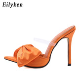 Christmas Gift Eilyken Silk Butterfly-knot Women slippers Mule high heels Slippers Sandals flip flops Pointed toe Strappy Slides Party shoes