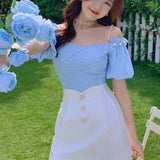 Kukombo Summer Elegant Two Piece Set Women Blue Plaid Casual Strap Blouse Tops+White Mini Pant Set High Street Holiday Sweet Suit 2022