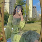 Kukombo  Fairy Vintage Dress Elegant Long Sleeve Square Collar Dress Female Spring Floral Maxi Dress Franch Style Boho Vestidos K75