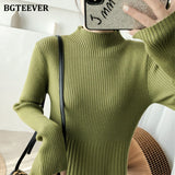 Christmas Gift BGTEEVER Elegant Warm Half Turtleneck Ladies A-line Sweater Dress Full Sleeve Slim Waist Women Knitted Mid-Calf Vestidos Autumn