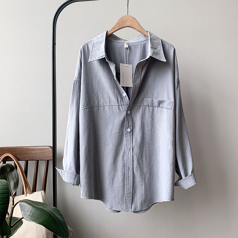 Christmas Gift BGTEEVER Minimalist Loose White Shirts for Women Turn-down Collar Solid Female Shirts Tops 2021 Spring Summer Blouses