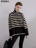 Christmas Gift 2021 striped oversize Turtleneck Sweater for Women female Knitted casual split side Long Sleeve loose sweater