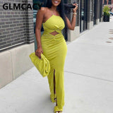 Kukombo Halter Cut Out Solid Maxi Dress Casual Slim Slit Evening Party Club Dress