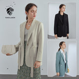 Kukombo Lady Belt Casual Black Blazer Women Solid Long Sleeve Oversized Blazer Yellow Jacket Female Elegant Business Coat