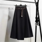 Kukombo 2022  Women Plaid Irregular Wool Midi Skirts Pleated Sashes England Style Vintage Warm A-Line Long Skirt Kukombo