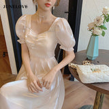 Kukombo Short Sleeve Elegant Dress Women Square Collar Chiffon Vingate Dress Vintage Party Dress Korean Style 2021 Summer Fairy