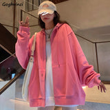 Kukombo With Hat Hoodies Women Zip-Up Spring Autumn Front Pocket Loose Korean Style Trendy Casual Students Elegant Chic All-Match Coats