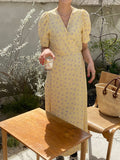 Kukombo Summer Dress Soft V-neck Floral Print Ladies Midi Dress Short Sleeve Lace-up Slim Waist Female Dress Women Vestidos