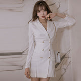 Kukombo Elegant Ruffle Double Breasted Women Dress Office Blazer White Dress Autumn Winter Slim Suit Ladies Dresses