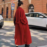 Christmas Gift Woman Long Coat Black Red Korean Retro Loose Wool Coat Belt Woolen Windbreaker Oversize Fashion Autumn 2021 Women Thick Coat 3Xl